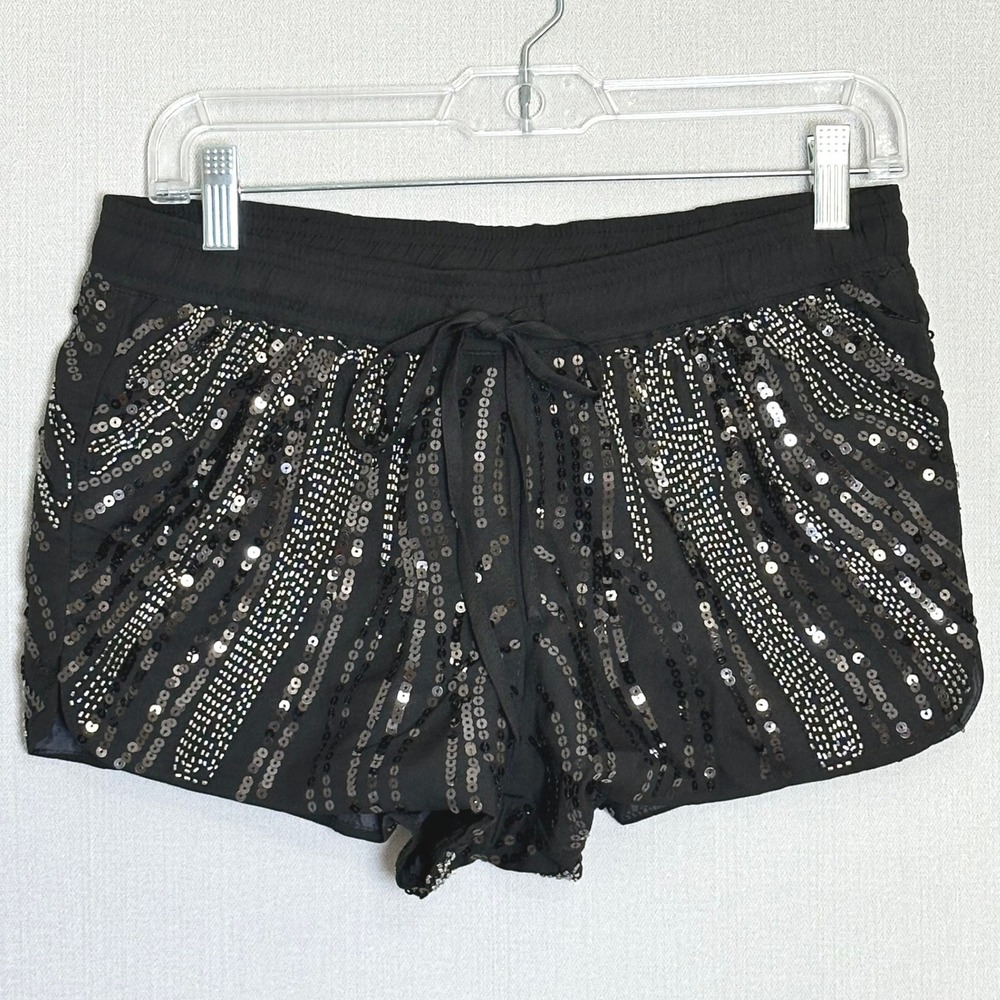 Black Sequin Sparkly Drawstring Micro Shorts Hot Pants Womens Small New